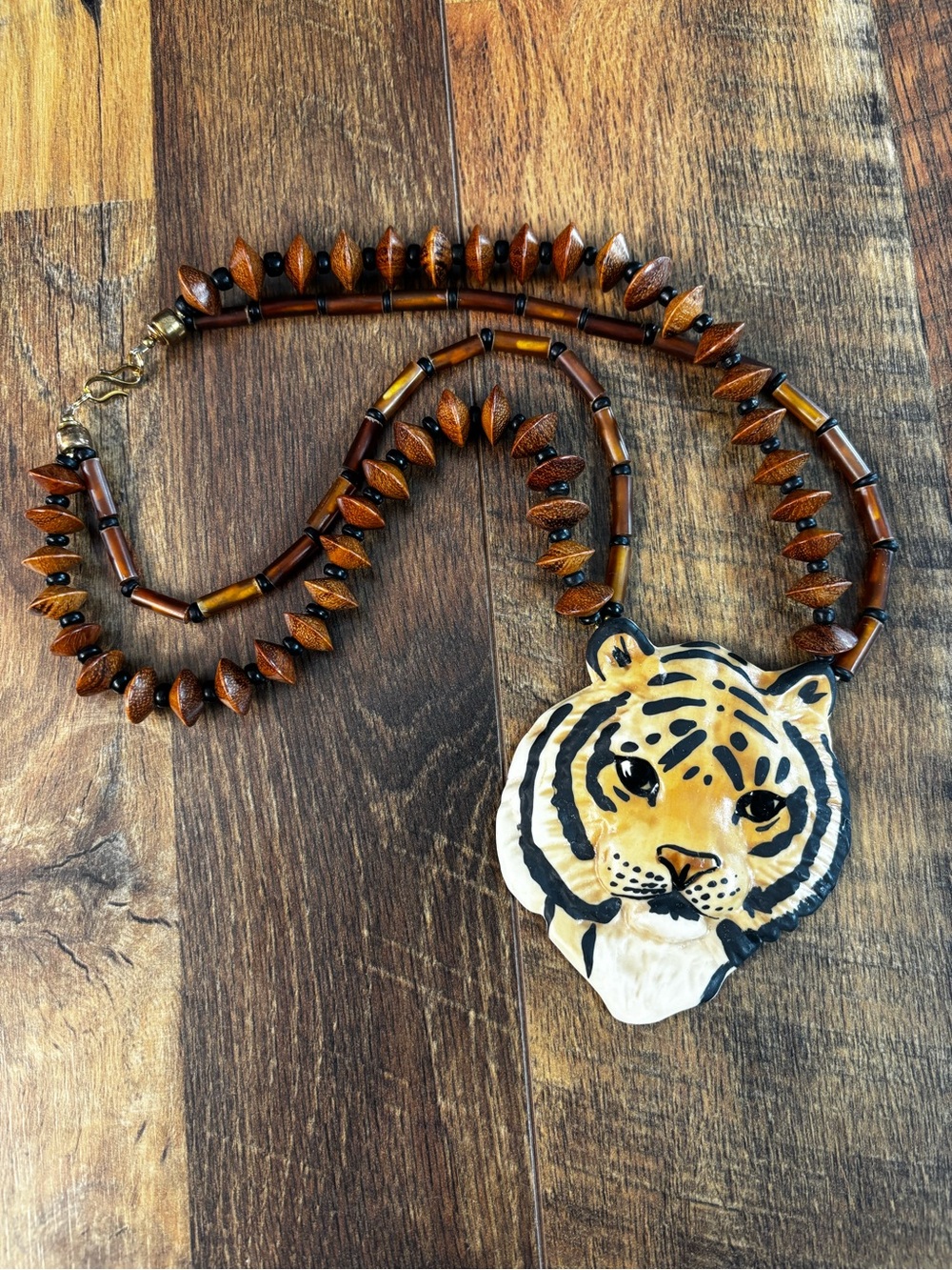 Carol Hamly vintage Bengal Tiger Porcelain Necklace wood beads